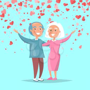 Elderly couple send merry greetings on Valentines day. Vector senior grandmother and grandfather and flying hearts isolated on blue, happy grandparents
