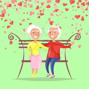 Elderly man hugging woman sitting on bench. Smiling grandfather embracing grandmother, romantic day. Valentine postcard decorated by red hearts vector