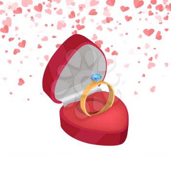 Wedding ring, romantic traditional surprise. Bridal circle with diamond in 3D style, card decorated by hearts. Element of making proposal to marry vector