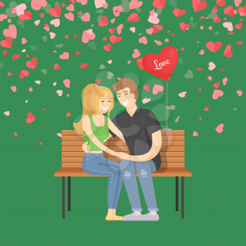 Hugging man and woman on bench decorated by balloon. Romantic day boyfriend embracing girlfriend. Feel in love between people, green papercard vector