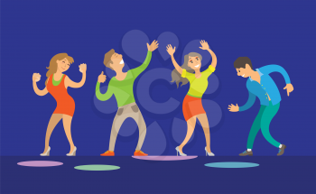Dancing women and men on blue stage. People with hand up at night club, performance and smiling dancers on dance-floor, disco festival flat vector