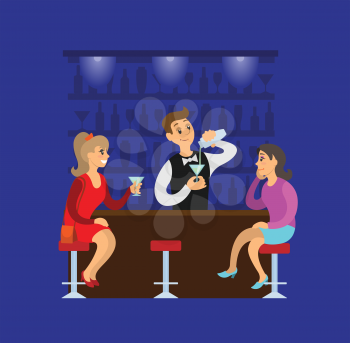 Sitting women with cocktail, barman pouring drink in glass. Bartender mixing fresh alcohol for girl. Working waiter in dark pub and relaxing friends vector