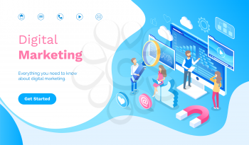 Digital marketing people working with infographics vector. Man and woman dealing with optimization, holding magnifying glass, magnet and likes website