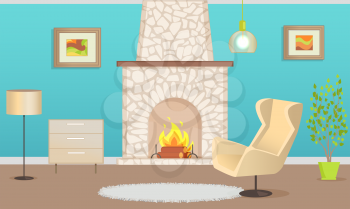 Interior of flat with stone chimney and burning firewood. Blue wallpaper and hanging pictures, armchair and rug near houseplant, nightstand vector