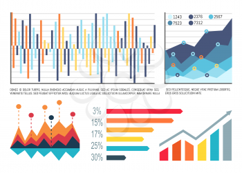 Infographic and text sample, explanation data vector. Schemes presentation of information, location pointers and growing chart results. Graphics set