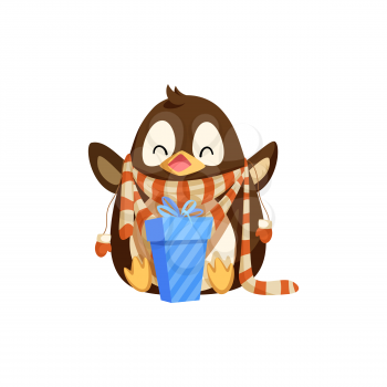 Penguin in scarf with mittens and Christmas gift. Artic bird in winter clothes with present box. Animal celebrating holiday isolated vector icon.