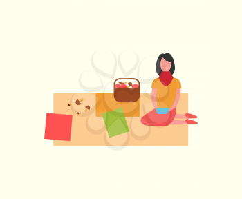 Woman sitting on blanket, autumn picnic outdoors vector. Basket with gathered vegetables, mushrooms and bowl for meal. Female relaxing in calm park