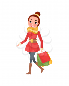 Christmas shopping day smiling and going woman with brown hair. Red overcoat with yellow scarf and jeans with brown high boots and colored packages vector