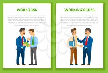 Working order and work task, boss giving instructions to employee, conversation between colleagues. Leader encouraging coworker, vector posters set