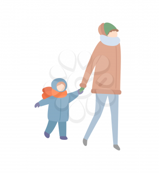 Mother walking with child holding hand of kid vector. People having fun at wintertime, winter season cold weather and warm clothes put on baby boy