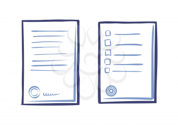 Appliance letter sample, line art icons. Paper sheet list tips, signed contract, stamp and signature vector icon isolated. Commercial documentation
