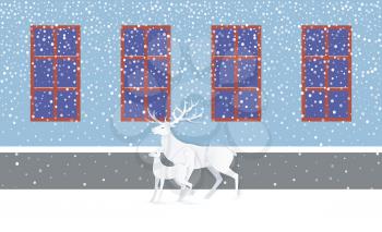 Deer and fawn in white near blue wall with windows. Greeting card with animals near casement with dark view and snow falling weather in flat style vector