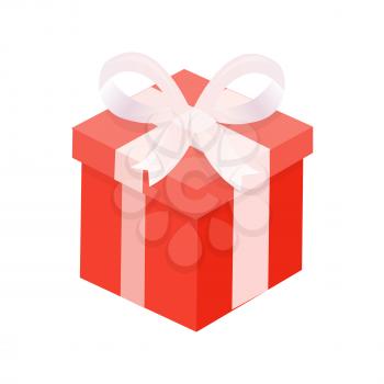 Red present with winding wide ribbon and big bow. Illustration of single Christmas gift box, 3D icon isolated on white, element for decoration vector