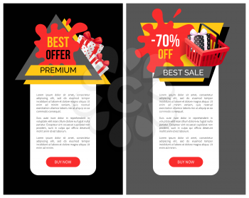 Sale 70 percent off web page sample with shopping cart, gift boxes and price tag blots. Total discounts on goods, poster with text, vector special offer