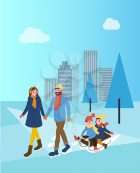 Mother and father with children on sleds in park vector. Snowy city with skyscrapers toddlers sitting on sledges, parents walking wintertime season