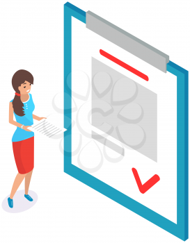 Businesswoman holding business report near blank white paper. Woman studies information and business data. Sheet of paper, document with text. Female character working with data vector illustration