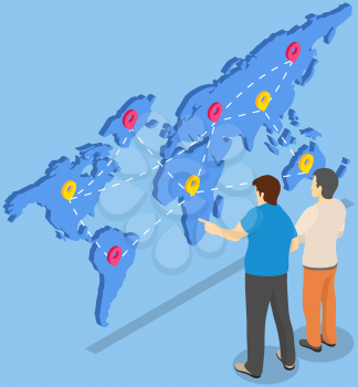 International postal mail delivery service concept. People studying destination map with marks. Men work together with world map for worldwide delivery. Male characters analyzing geolocation