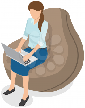 Woman is holding computer device typing on keyboard. Girl sitting with laptop in hands looks monitor. Female character watching video or movie. Job freelance student at online learning remote worker