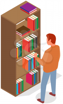 Man pulls out book from shelf. Person works with textbooks. Male student takes book in closet. Cartoon character going to read and taking textbook. Guy near bookcase isolated on white background