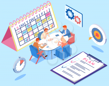 Project planning, deadline and time management concept. Business team has meetings and discusses new office timetable. People analyze plan, schedule. Work schedule planning vector illustration