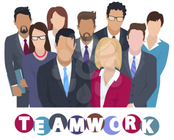 Business team ready to work. Teamwork. Coworkers characters communication. Team building and business partnership. Businessmen people cooperation collaboration. Office workers clerks standing together