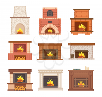 Glowing fireplace from stone, brick and wooden vector. Designer chimney with burning woods and logs on floor. Decorated grate with logs for interior