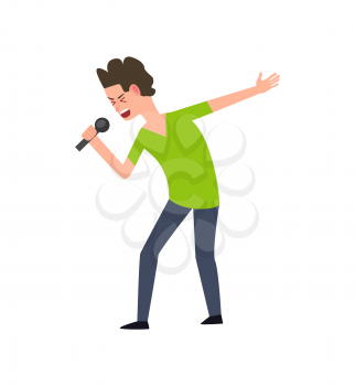Human character singing song with microphone in casual clothes. Flat character, karaoke and solo performance, side view of boy artist singer vector