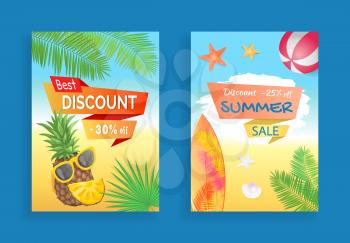 Best discount summer sale banners set. Pineapple and sunglasses, leaves of tropical trees and plants. Surfing board on seashore beach and ball vector