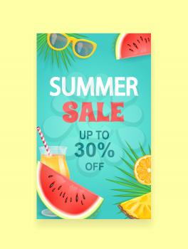 Summer sale vector banner, promotion leaflet sample. Season discount, watermelon and orange, pineapple segment, sun glasses and cocktail, palm leaves