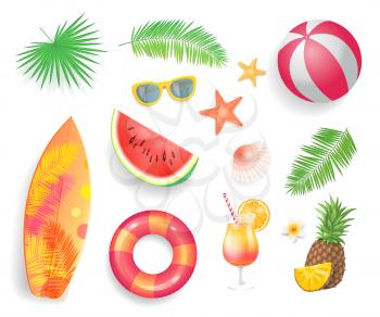 Summer tropical items set isolated icons vector. Surfboard and sunglasses, ball and lifebuoy, cocktail and pineapple. Starfish and seashell leaves