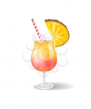 Cocktail poured in glass served with pineapple slice. Isolated icon of beverage, fruit piece and stripe for drinking. Tropical alcoholic liquor vector