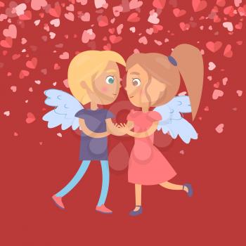 Dating girlfriend and boyfriend vector. Woman and man embracing with side view and wings in flat style. Valentine card decorated by hearts, on red