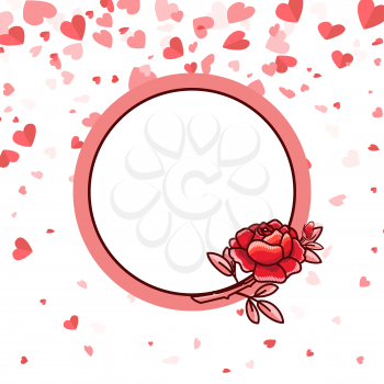 Round frame with pink line and big rose, white color inside. Romantic paper empty card decorated by blossom and hearts, Valentine postcard vector