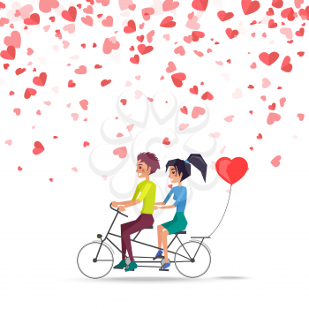 Man and woman riding on bike with red balloon of heart shape isolated vector. Happy couple on greeting card, flying symbols of love, romantic dating