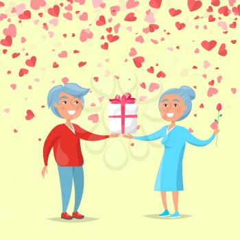 Elderly man giving gift box to woman. Smiling grandmother holding flower. Romantic grandparents relationships, present for wife, Valentine day vector