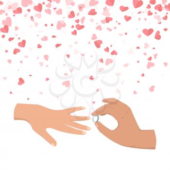 Male hand wearing ring to female. Wedding of people, symbol of engaged couples, making proposal. Postcard decorated by hearts, marriage in flat style vector