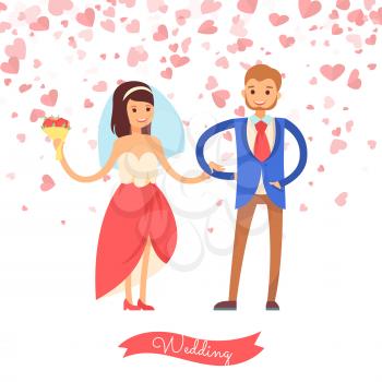 Bride with flowers holding groom vector. Wedding of woman in colorful dress and veil and man in suit. Married day of couple, postcard decorated by hearts