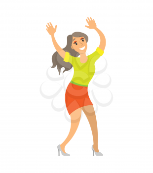 Dancing lady woman shaking body on music isolated vector. Party dancer female having fun on party, showing moves. Nightlife of lady in skirt and sweater