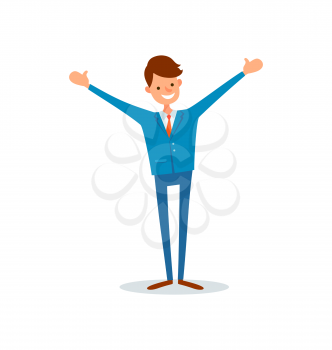 Man worker smiling and stretching hands high in air, flat style vector. Director happy of achievements, successful ceo, leader with smile on face