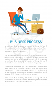 Business process, businessman talking on phone with customers vector. Text sample director discussing issues of working tasks. Boss in office by table