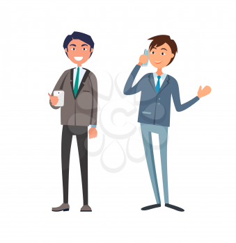 Smiling businessman in formal wear, executive worker with briefcase speaking on phone discussing business issues. Male office workers in suits vector