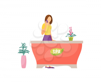 Spa salon reception woman receptionist vector. Isolated icon of lady taking on phone and standing by table. Receiving appointments discussing timing