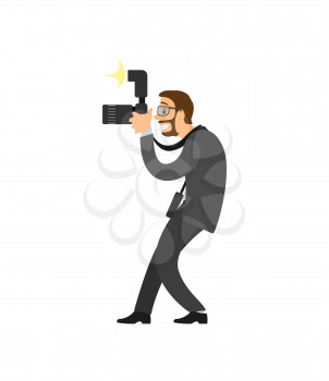 Photographer taking photo with modern digital camera. Man with beard, in expensive suit and glasses profile view, making picture, zoom device vector