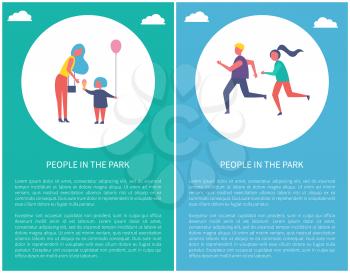 People in park poster mother with daughter in circle, text sample. Couple running outdoors, joggers on marathon. Woman buys ice cream and balloon