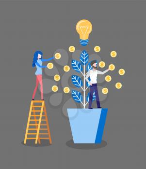Dollar tree grown by investors business finances vector. Man and woman with a plant harvesting profit, lady standing on ladder, lightbulb on top idea