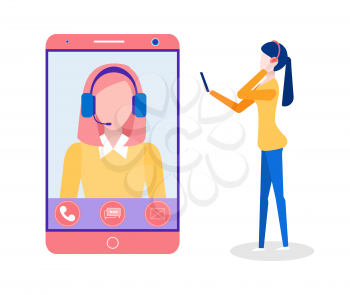Online education student talking to teacher online vector. Support every day, woman wearing headphones and speaking to tutor. Video stream remote
