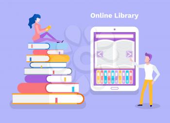 Online library woman sitting on pile of books vector. Lady studying, self education, man standing by ebook with opened literary work. Access to material