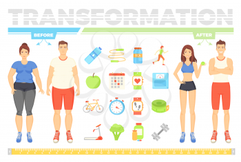 Transformation before fat man and woman and after, people on diet, symbols of healthy lifestyle. Food and activity, sport equipment for training vector