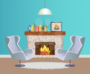 Interior of room in blue color of wallpaper with hanging lump, fireplace with burning firewood decorated with books. Grey armchairs and mat vector