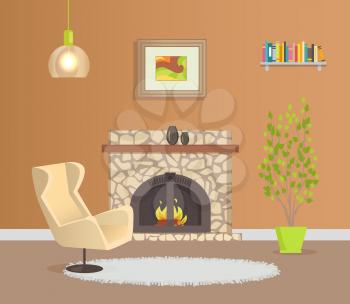 Modern design of flat with brown wallpaper vector. Armchair and grey mat near burning fireplace decorated with vase. Houseplant near shelf with books